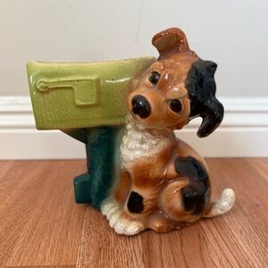 Vintage Royal Copley Puppy Dog by Mailbox Ceramic Planter 50s Figurine